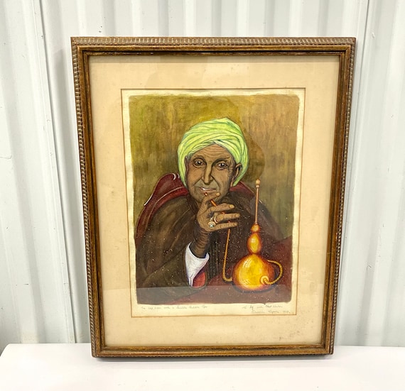 Vintage 1963 Watercolor Painting The Old Iman With Hubbly Bubbly Pipe Tripoli