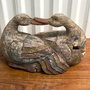 Vintage Hand Carved Two Wooden Ducks Together - American Folk Art