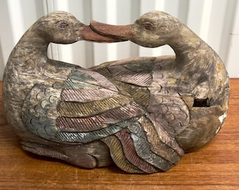 Vintage Hand Carved Two Wooden Ducks Together - American Folk Art