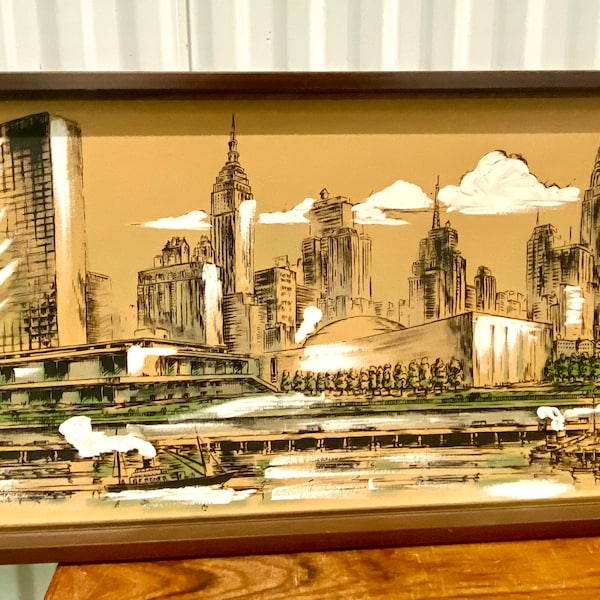 Large Vintage Mid Century Modern United Nations New York Skyline Gesso Painting ***Local Pick Up Only ***