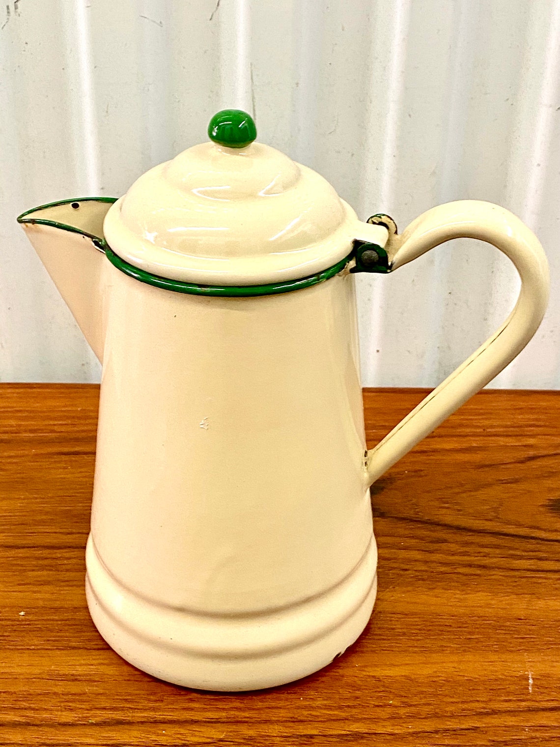 Vintage Cream & Green Enamel Ware Coffee Pot Etsy