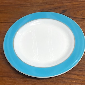 Vintage Mid Century Pyrex Turquoise Blue Gold 10&quot; Plate White Glass