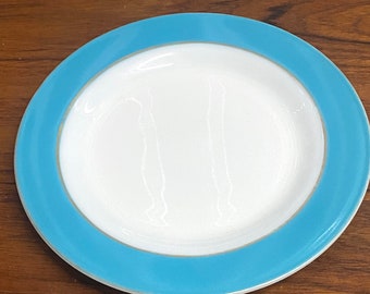 Vintage Mid Century Pyrex Turquoise Blue Gold 10&quot; Plate White Glass
