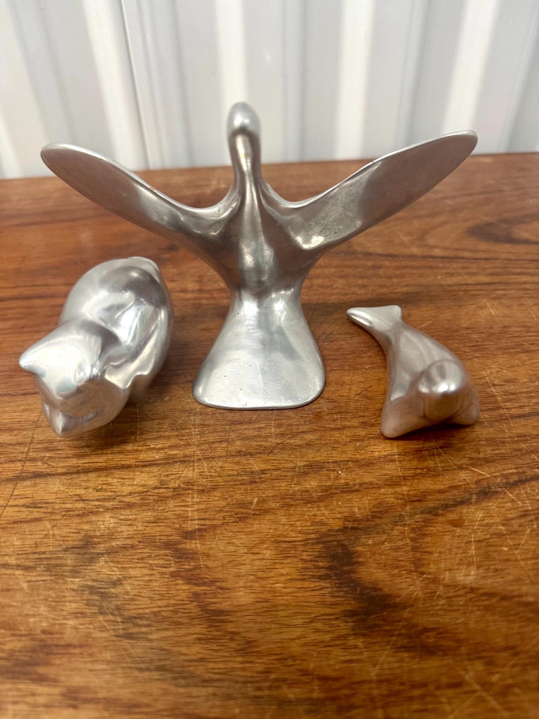 Set of 3 Vintage Hoselton Aluminum Sculptures Flying Goose, Seal