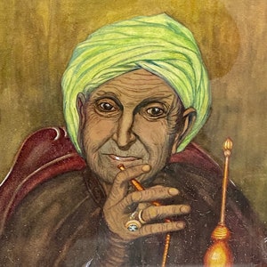 May include: A painting of a man wearing a green turban, sitting in a chair and holding a pipe. He is wearing a brown robe and has a ring on his finger. The background is a brown wall.