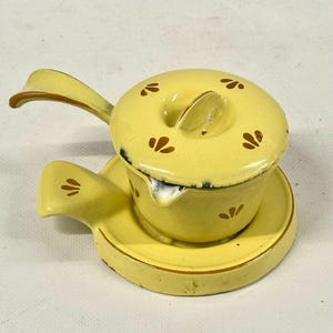 Vintage DRU Porzellan Emaille Gusseisen Butterwärmer mit Untersetzer Made In Holland