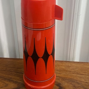 Vintage 1970s Aladdin Red & Black Diamond Pattern Thermos 1 Pint