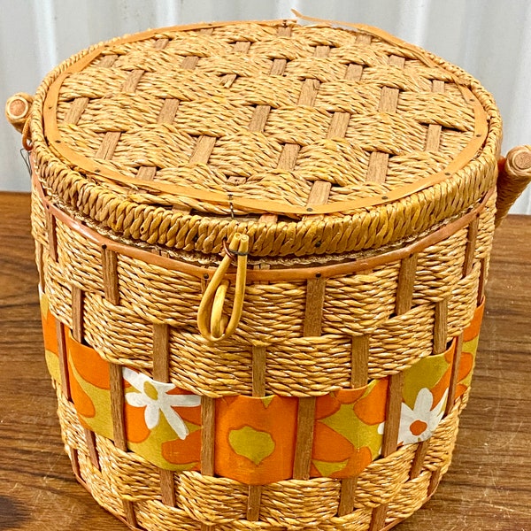 Cute Vintage 1960s Sewing Basket Rattan With Retro Floral Design Made In Japan