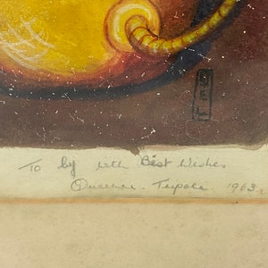 May include: A watercolor painting of a yellow cat with a curled tail. The painting is signed "To by with Best Wishes" and dated "1963".