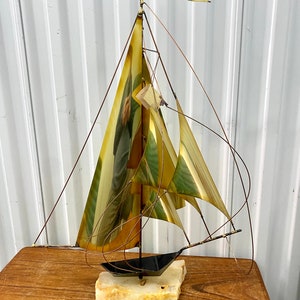 Vintage Mid Century Large Brass Sailboat By Yosi On Onyx Base