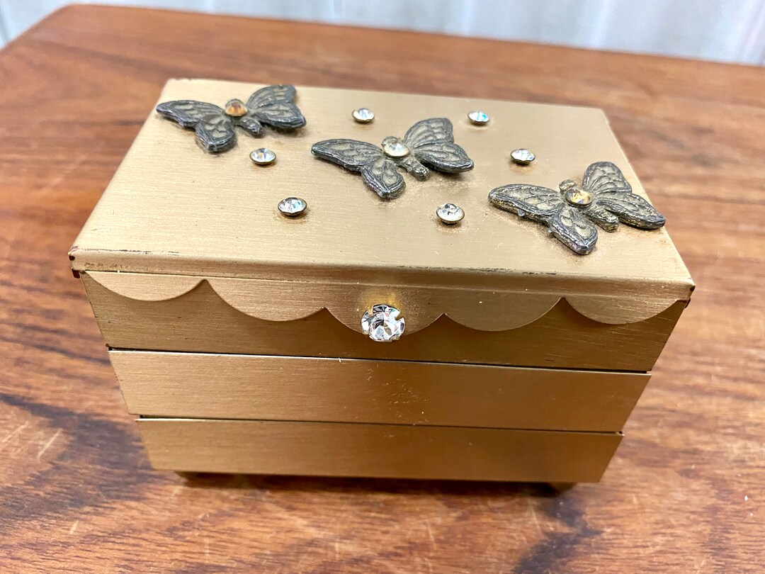 Vintage Accordion Jewelry Box by Gold Tone NY W/ Butterflies & Diamante