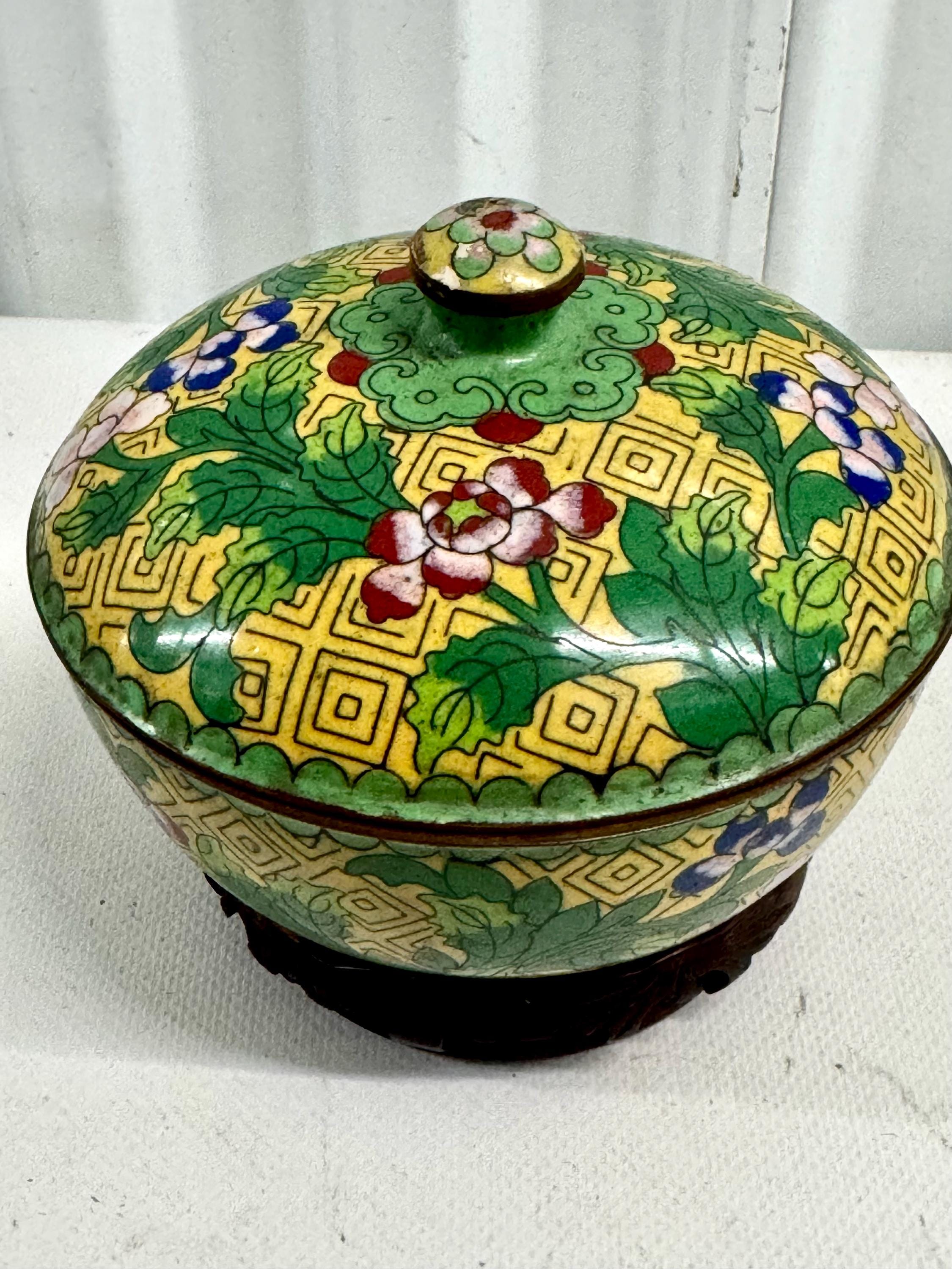 Antique Chinese Export Enamel Covered Box With Original Carved Rosewood Base