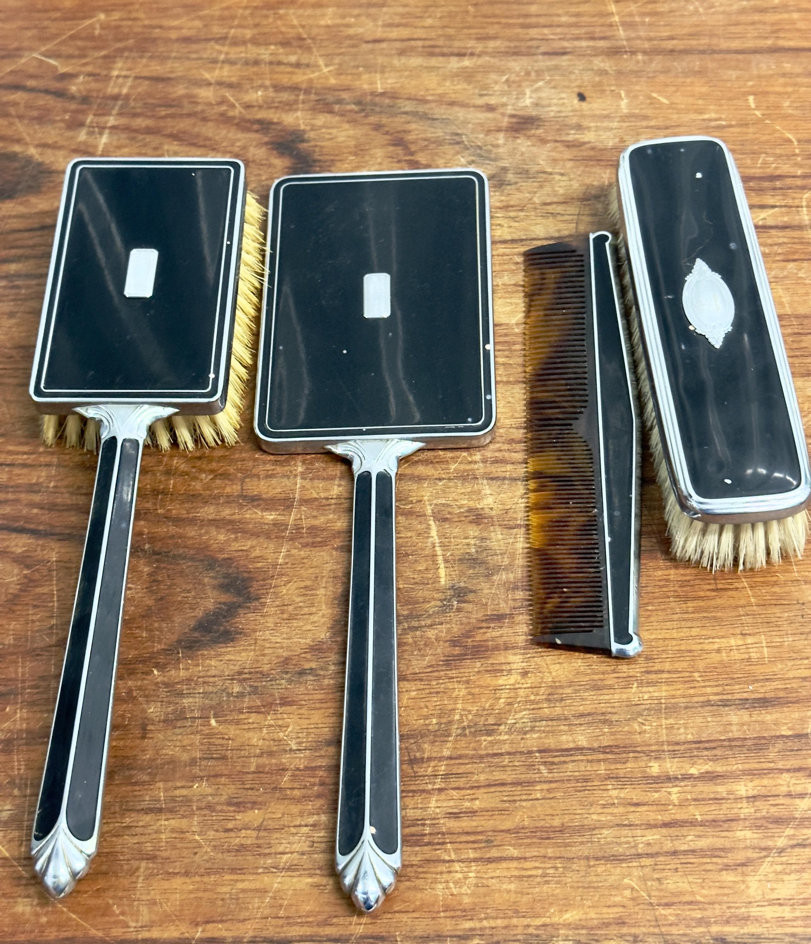 Vintage 1930s Art Deco Black Silver Vanity Set Brush Mirror 