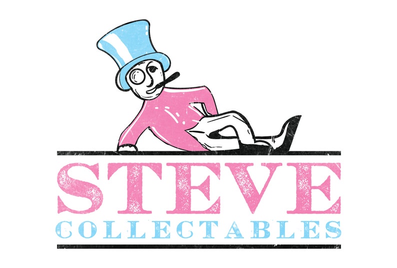 May include: A cartoon illustration of a man wearing a blue top hat and a pink suit, lying down with his legs crossed. The text "STEVE COLLECTABLES" is below the man in pink and blue letters.