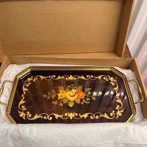 Vintage Sorrento Italy Inlaid Wood 15 ” X 8” Serving Tray Gold Handles