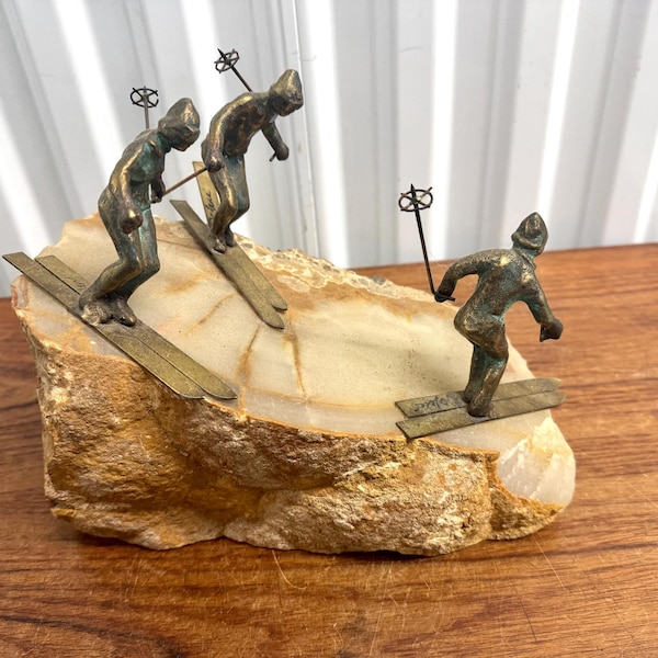 Vintage Mid Century Curtis Jere Bronze Three Skiers Sculpture Two Poles Missing