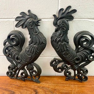 2 Vintage Mid Century Cast Iron Metal Roosters - Kitchen Wall Decor