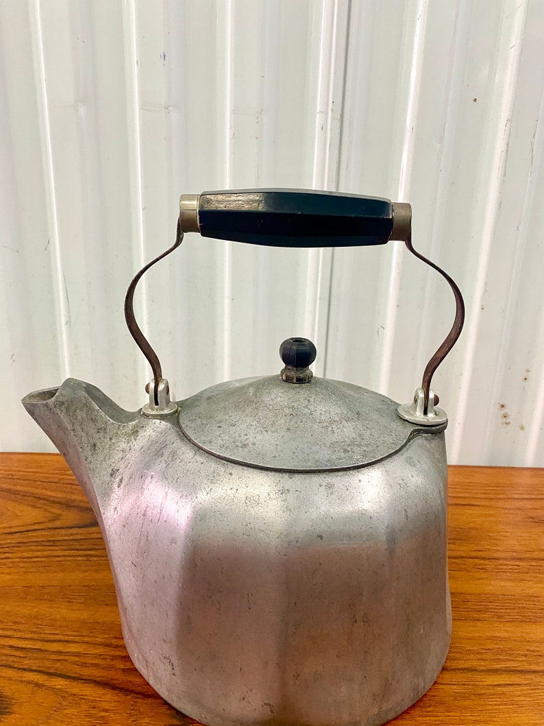Vintage 5qt Aluminum Tea Kettle Wood Handle Art Deco Styling Etsy