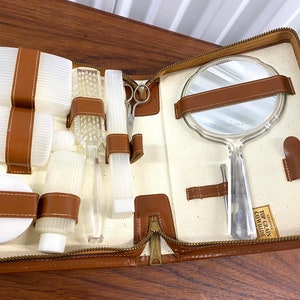 Vintage  Mid Century Womans Cowhide Travel Make Up Vanity Set Unused Lucite Mirror
