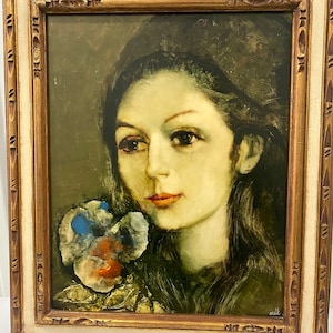 Vintage Mid Century Framed Print Girl With Flowers - Signed
