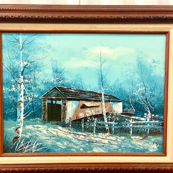 Vintage Mid Century Oil On Canvas Winter Snow Cabin Forest Painting Signed