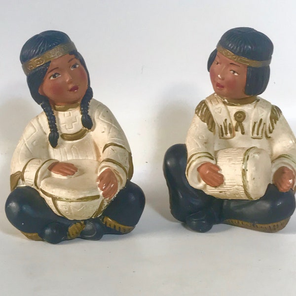 Vtg Mid Century Universal Statutary 1954 Pair Native American Children Chalkware Bookends