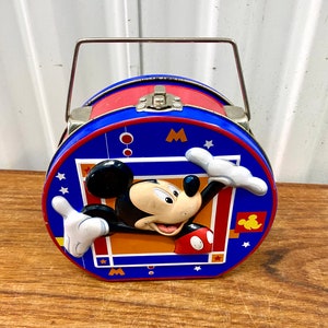 Vintage Mickey Mouse Tin Round Metal With Handle and Clasp