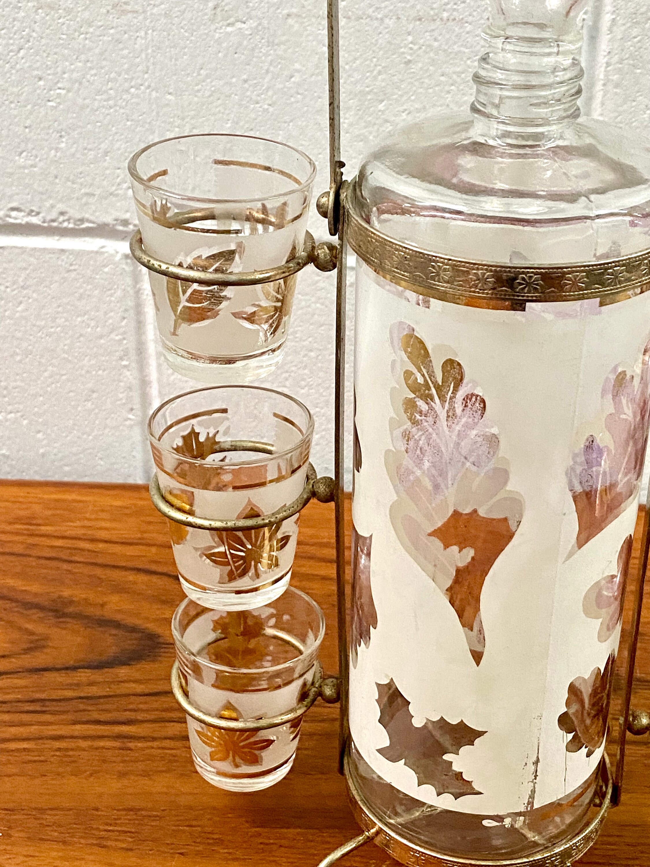 Vintage Mid Century Libby Leaf Decanter & Shot Glasses Etsy