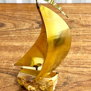 Mid Century Vintage Small Brass Metal Sailboat On Onyx By John DeMott