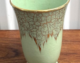 Vintage Mid Century West Germany Pottery Green w/ Gold Drip Glaze Vase