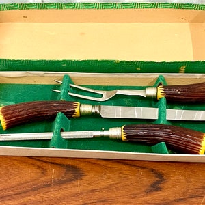 Mid Century Vintage Faux Stag Horn Royal Brand Cutlery Co Carving 3 Piece Set