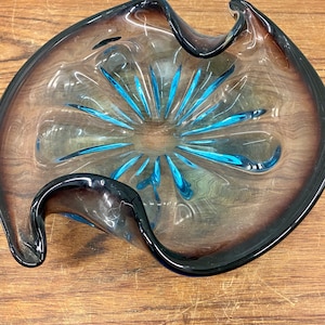 Vintage Mid Century Blue & Amethyst Murano Glass Bowl Candy Dish