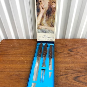 Vintage Mid Century  3 Piece Carving Set Wood Handles Made In Japan