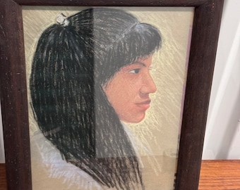 Vintage Mexico Young Lady Pastel Drawing Mexican Art