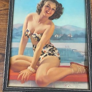 Vintage Orgional Pin Up Print Signed Zoe Mozert in Old Silver Wood Art Deco Frame