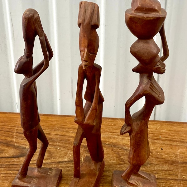 3 Vintage Mid Century Hand Carved Wood African Figures