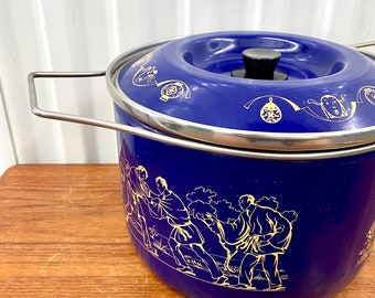 Mid-Century Vintage Italian Siltal Blue Gold Asian Enamel Dutch Oven Pot