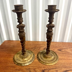 Antique Pair Of Bronze Aztec Primitive Figurine Candlestick Holders