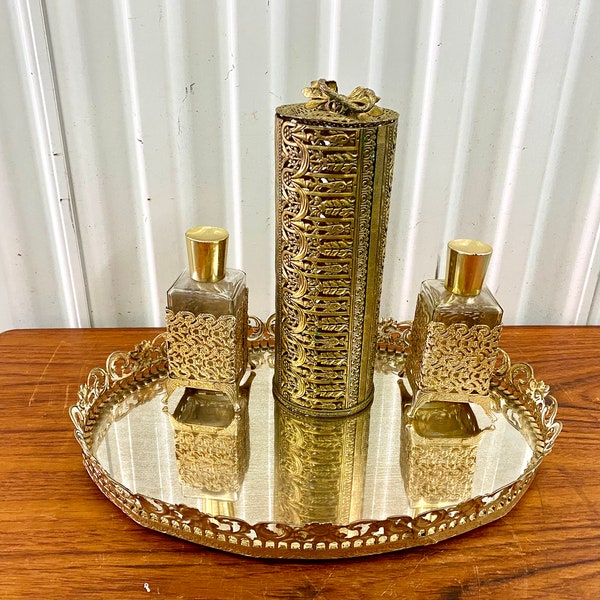 Ornate Vintage Ormalu Gold Gilt Vanity Set of 3 Glass Perfume Bottles & Tray