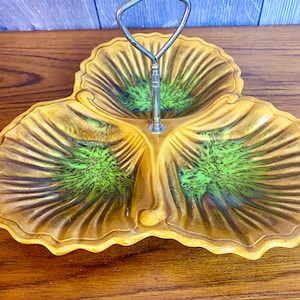 Vintage Mid Century Yellow Green Brown Drip Glaze Pottery Serving Dish W/ Handle
