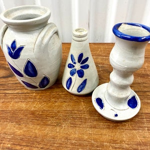 Williamsburg Pottery Virginia Stoneware Salt Glaze Cobalt Blue Vase Candle Stick
