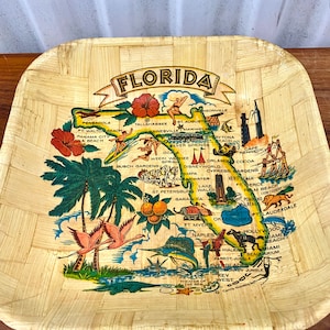 Vintage Mid Century Florida Bamboo Tray Great Graphics !