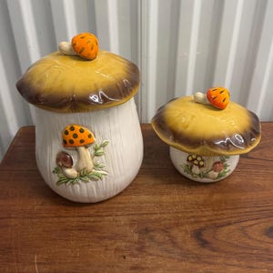 Vintage 70s Sears Merry Mushroom Canisters Set of 2- Retro Kitchen Decor