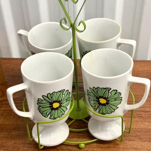 Set Of 4 Vintage 70S Flower Power Mugs & Holder Made In Japan - New Old Stock