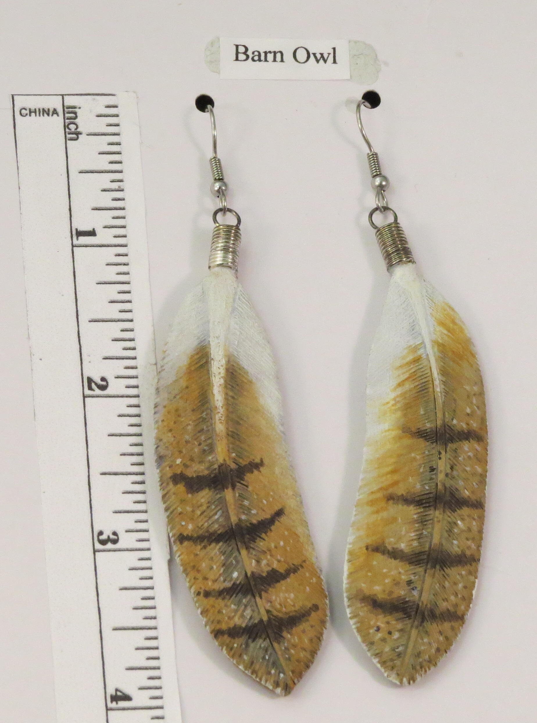 Barn Owl Tail Feather Hand Carved Wooden Earrings Etsy