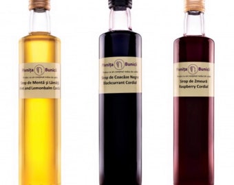 2 Artisan Cordial pick your own, fruit syrup, soda flavour, cocktail and mocktail mixer ~ blackcurrant, mint and lemonbalm or raspberry