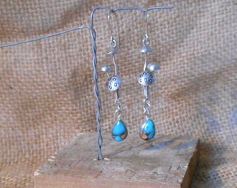 Mushroom earrings, sterling silver with tear drop turquoise cabochons.