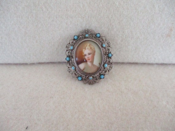 Hand painted Portrait brooch, Sterling Silver, 19… - image 1