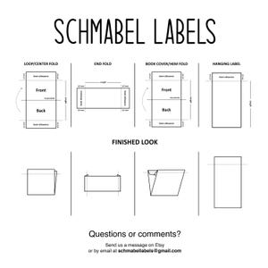 May include: A diagram showing different ways to fold fabric labels, including loop/centre fold, end fold, book cover/hem fold, and hanging label. The diagram also shows the finished look of each type of fold.