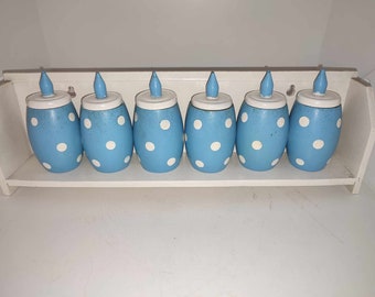 Vintage farmhouse style  wooden spice rack with blue polka dots